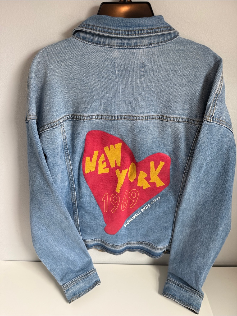 Light Blue Denim Stonewall Riots Jacket with Red Lip Patch